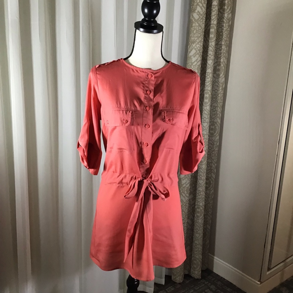 Coral Button Up Drawstring Shirt Dress